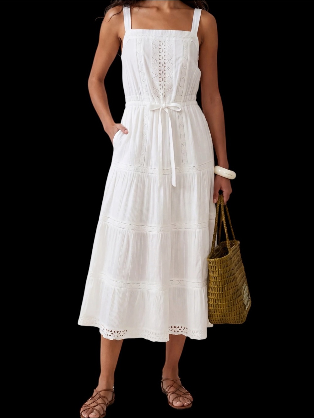 Sorella Few Moda Camellia Cotton Dress White Eyelet Tiered Midi Dress Tie Waist